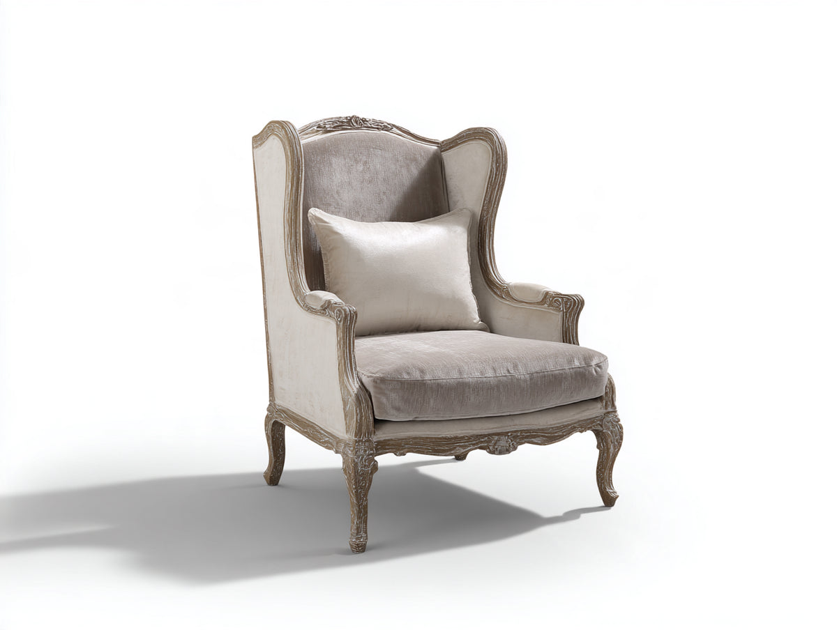 Poltrona-Velluto-Legno-85x82x105 cm-Beige-Marrone-Stile classico francese