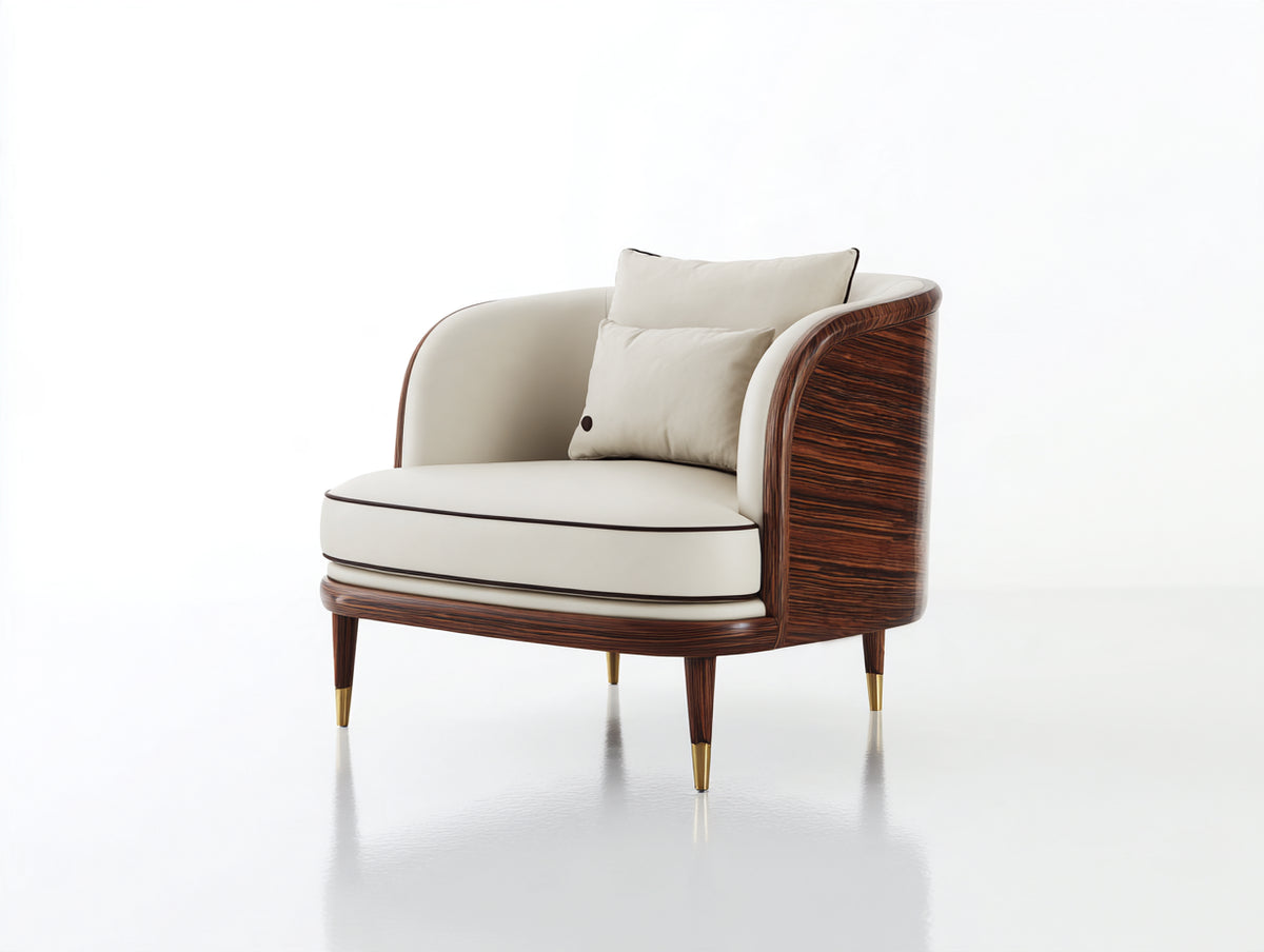 Poltrona-Pelle-Legno-88x82x78 cm-Beige-Marrone-Stile moderno contemporaneo
